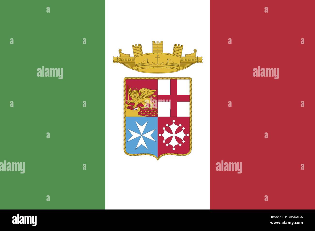 Bandiera Italia Colori ufficiali e proporzioni con stemma navale. Illustrazione della bandiera nazionale d'Italia Foto Stock