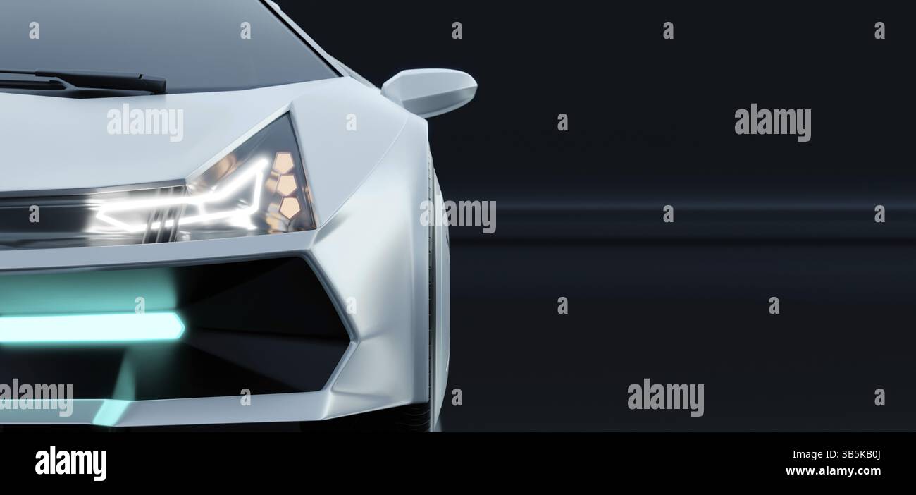 Primo piano dei fari neri per auto elettriche non esistenti, di tipo generico senza marchio. Vista frontale. Rendering di illustrazioni 3D. Foto Stock