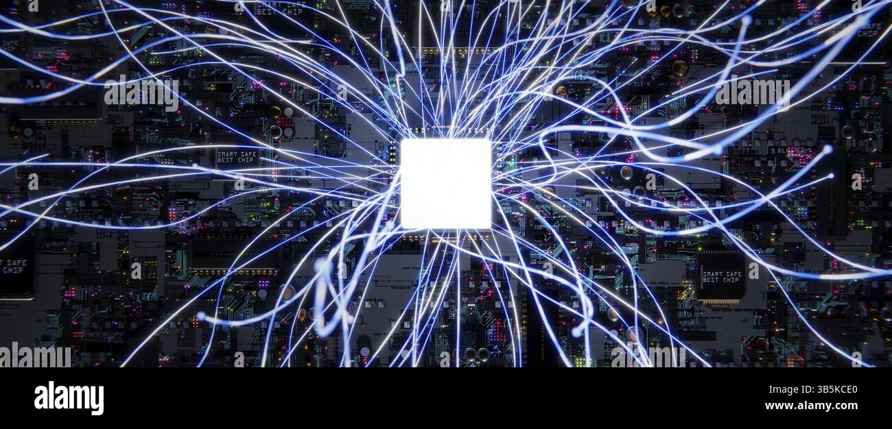 Scheda a circuito stampato con tecnologia intelligente con design estetico e complesso della linea d'onda, concetto di tecnologia di connessione big data. rendering 3d. Foto Stock