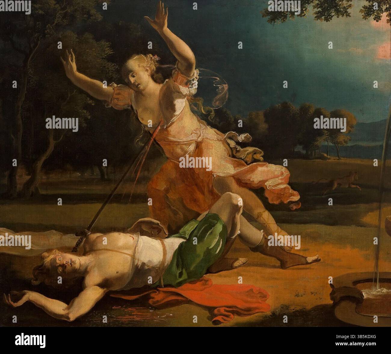 Titolo: Pyramus and Thisbe artista: Abraham Hondius Data: 1660–1675 tecnica: Olio su tela dimensioni: 81 cm (larghezza) x 69 cm (altezza) ubicazione: Museum Boijmans Van Beuningen Foto Stock