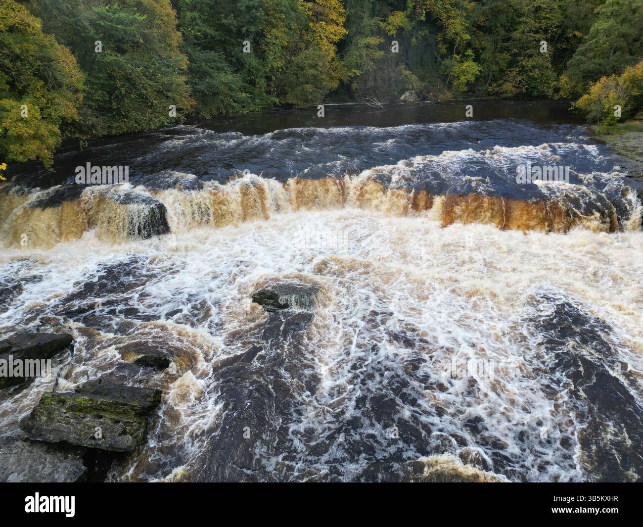 Vista aerea delle cascate di Aysgarth, Yorkshire Dales, una location per le riprese di Robin Hood: Prince of Thieves, con acque a cascata e paesaggi autunnali Foto Stock