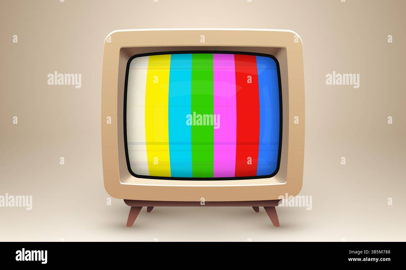 TV Vector Vintage realistico con motivo di prova a righe. TV retrò. Illustrazione vettoriale Illustrazione Vettoriale