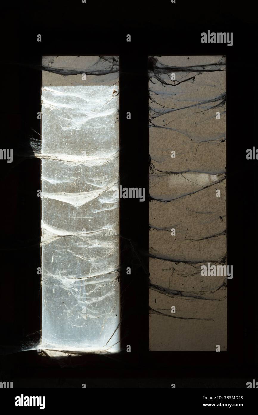 La luce del sole scorre attraverso due vecchie finestre, le cui superfici sono parzialmente oscurate dalle ragnatele. Questa vista rivela un senso di abbandono e di passaggio Foto Stock