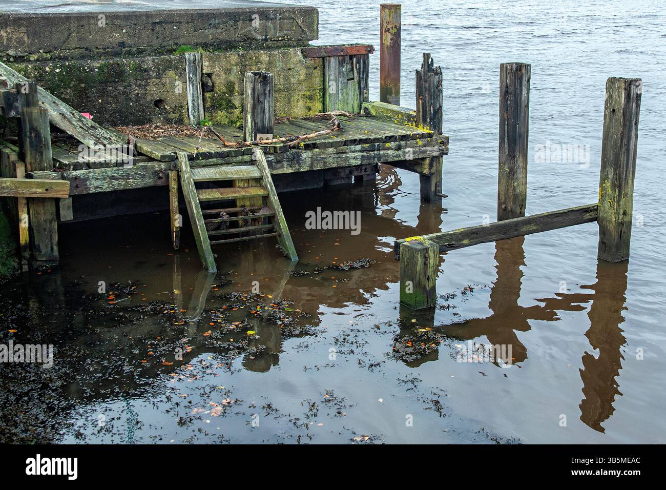 Vecchia banchina di legno al porto di Irvine con gradini che scendono verso l'acqua. Foto Stock