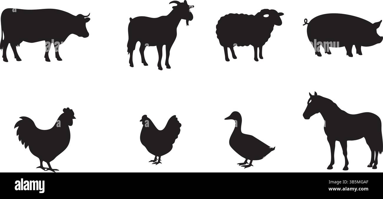 Sagome animali da fattoria Vector – mucca, capra, pecora, maiale, pollo, set di illustrazioni Duck, Horse Illustrazione Vettoriale