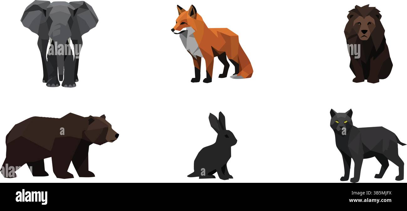 Illustrazione del vettore di animali in polietilene basso - Elefante, volpe, leone, orso, coniglio, progettazione geometrica Panther Illustrazione Vettoriale