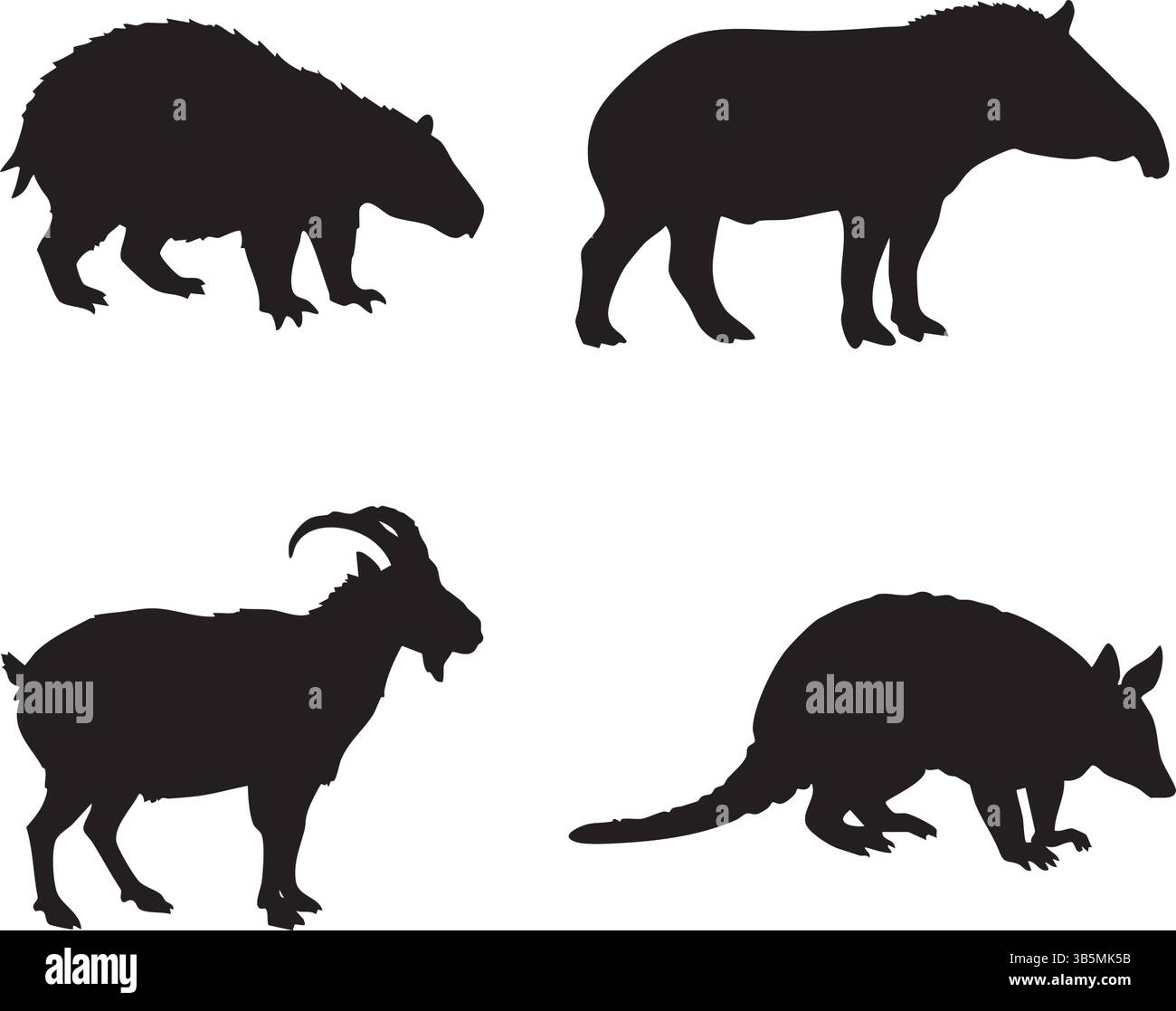 Silhouette animali selvatici Vector - Capybara, tapir, capra, Armadillo Illustration Design Set Illustrazione Vettoriale