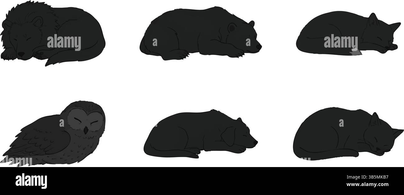 Sagome di animali addormentati illustrazione vettoriale per l'arte murale dei bambini e disegno grafico educativo Illustrazione Vettoriale