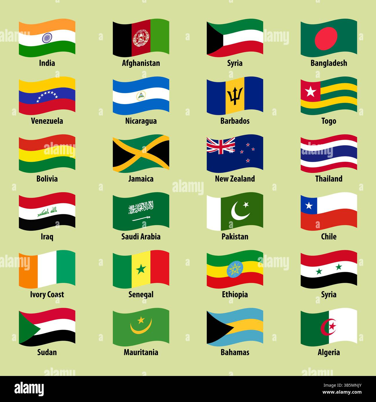 Grande serie di bandiere country in stile ondulato su uno sfondo luminoso Illustrazione Vettoriale