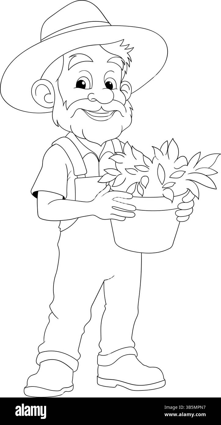 Il profilo minimalista dell'arte vettoriale di un agricoltore anziano che detiene un cesto pieno di verdure fresche raccolte. Illustrazione Vettoriale