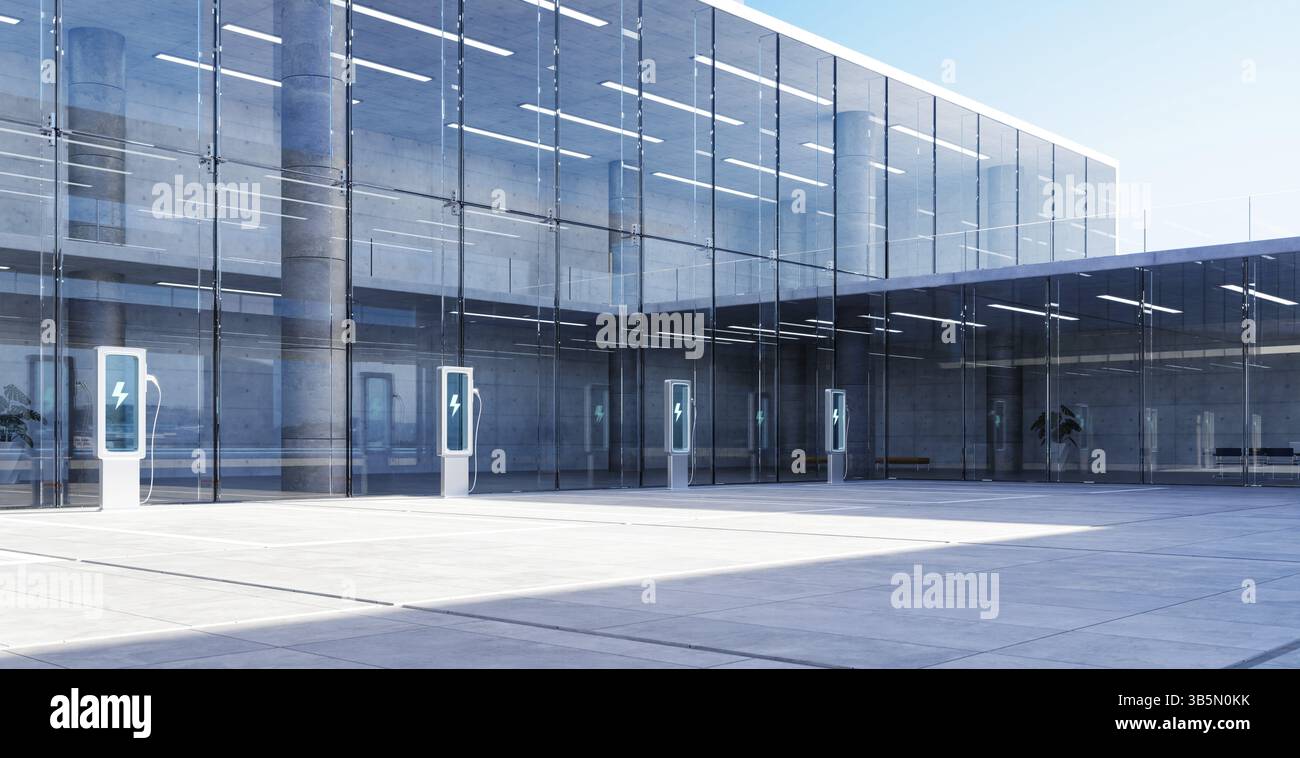 Le stazioni di ricarica per veicoli elettrici sono pronte all'esterno di un moderno edificio di uffici in vetro, simboleggiando l'energia verde e gli spostamenti verso l'ambiente. Rendering 3D. Foto Stock