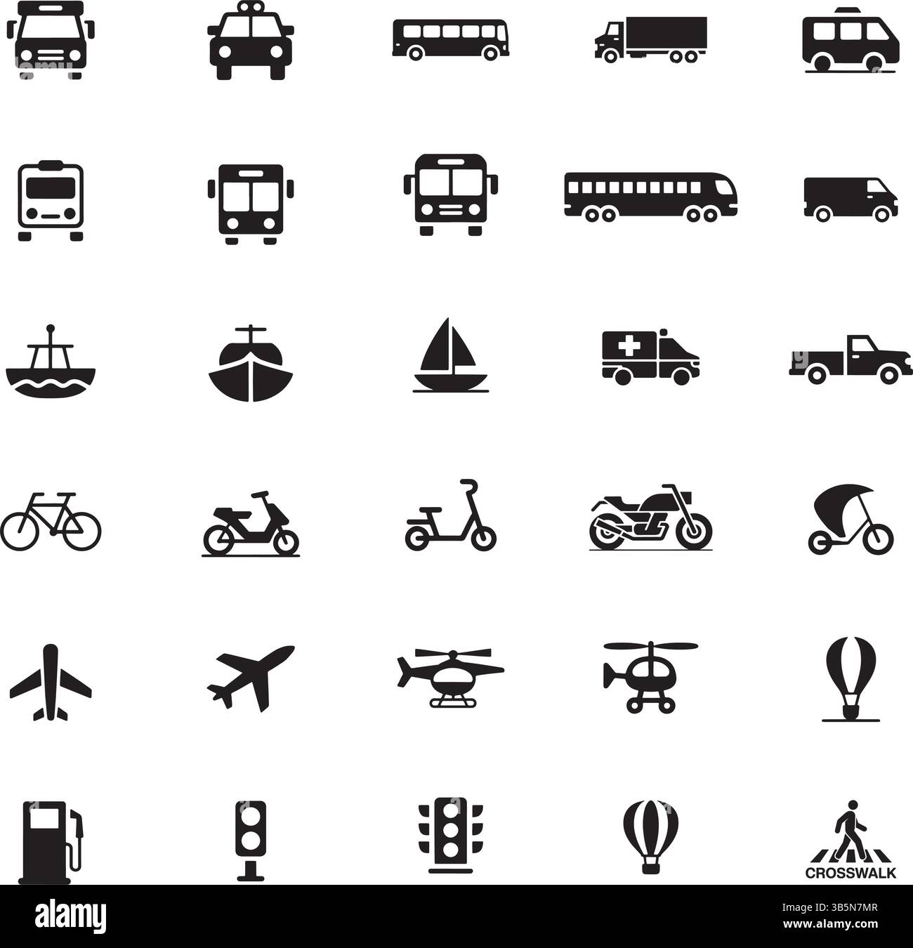 Set di icone minimaliste per il trasporto in bianco e nero o 30 simboli di viaggio e veicolo vettoriale puliti Illustrazione Vettoriale