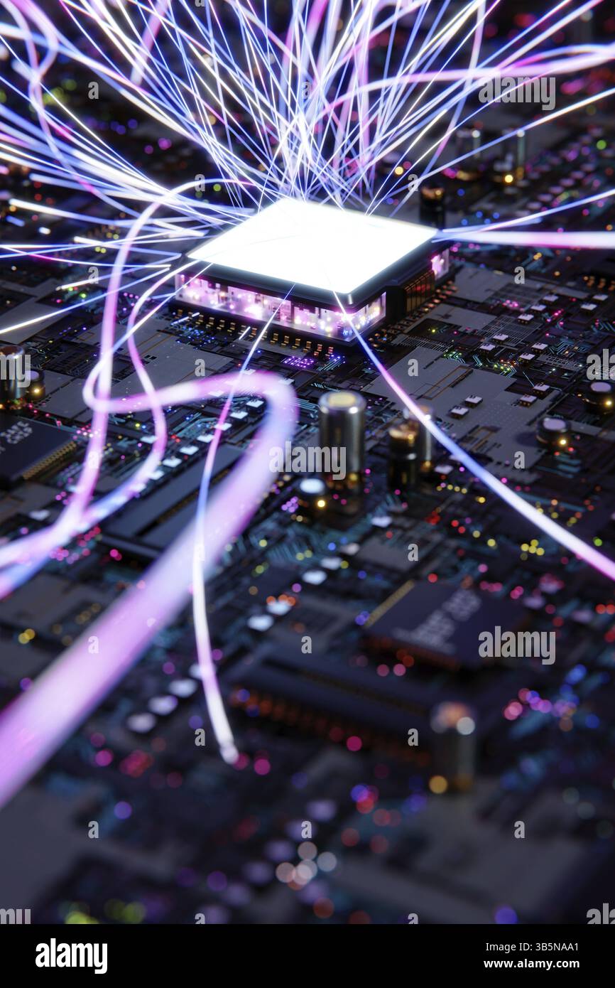 Scheda a circuito stampato con tecnologia intelligente con design estetico e complesso della linea d'onda, concetto di tecnologia di connessione big data. rendering 3d. Foto Stock