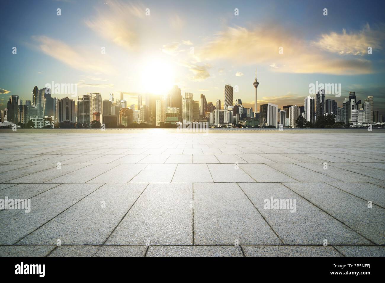 Paesaggio urbano con pavimento in mattoni vuoto, scena del tramonto all'alba Foto Stock