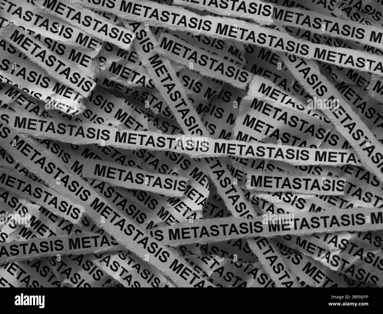 Strisce di giornale con le parole metastasi scritte sopra. Bianco e nero. Foto Stock