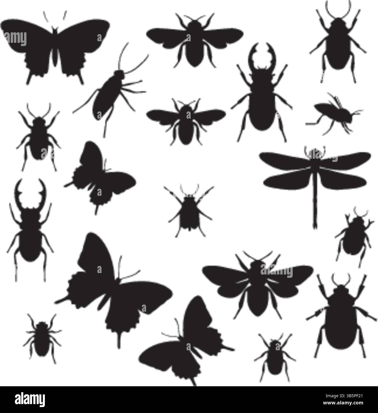 Sagome di insetti: Farfalle, coleotteri, api, Dragonflie e mosche - illustrazione vettoriale Illustrazione Vettoriale