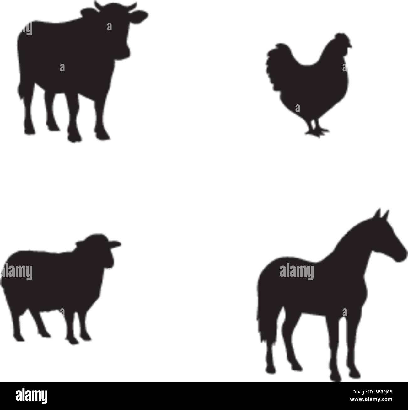 Sagome animali della fattoria: Mucca, pecora, Gallo e cavallo - illustrazione silhouette Illustrazione Vettoriale