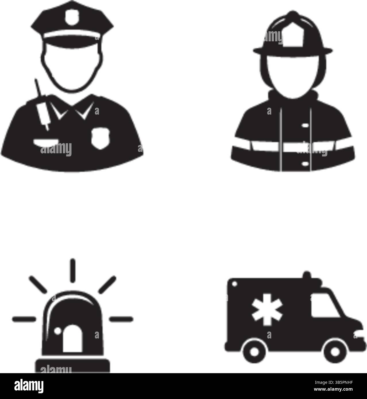 Icone dei servizi di emergenza: Polizia, Vigili del fuoco, sirena e ambulanza - illustrazione del vettore bianco e nero Illustrazione Vettoriale
