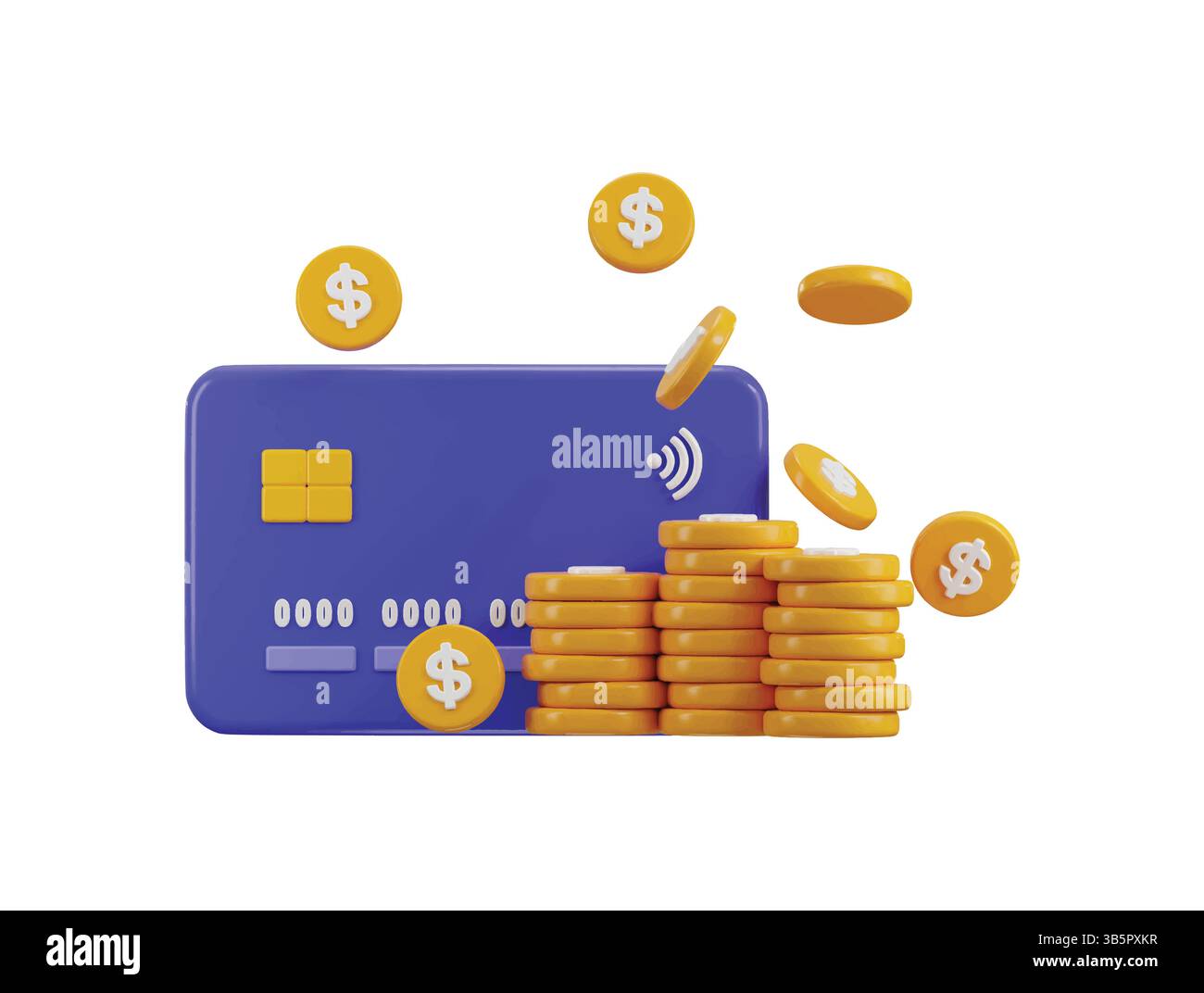Carta di credito con icona di una pila di monete da un dollaro concetto di rendering 3d di sistema di pagamento online, pagamento con portafoglio digitale, pagamento con carta di credito 3d. Illustrazione Vettoriale