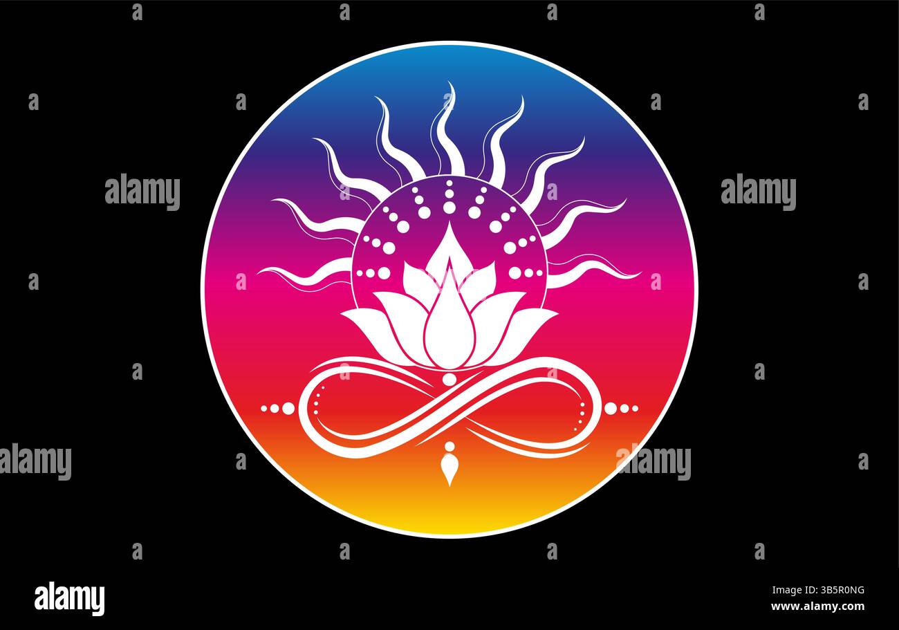 Fiore mistico di loto con logo colorato simbolo infinity. Magia floreale clipart celeste di yoga, spa, salone di bellezza, cosmetici, relax, marchio Illustrazione Vettoriale