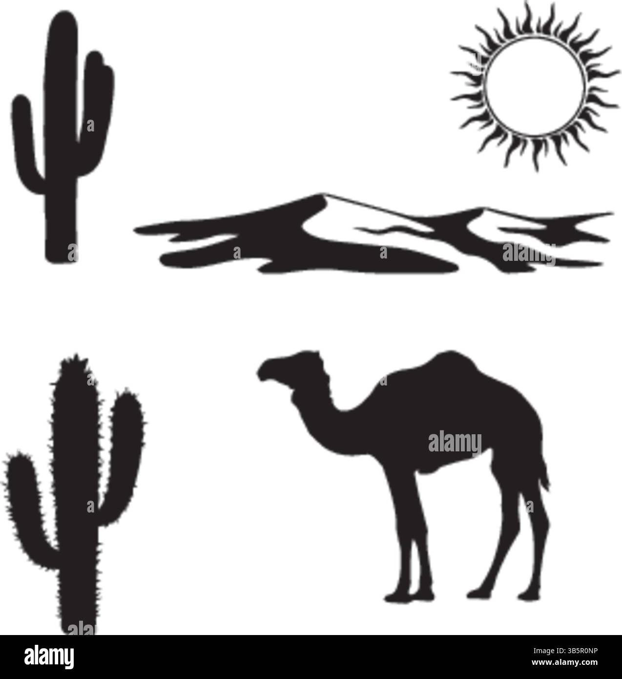 Sagome del deserto: Iconici cactus, cammello, sole e dune - illustrazione vettoriale Illustrazione Vettoriale