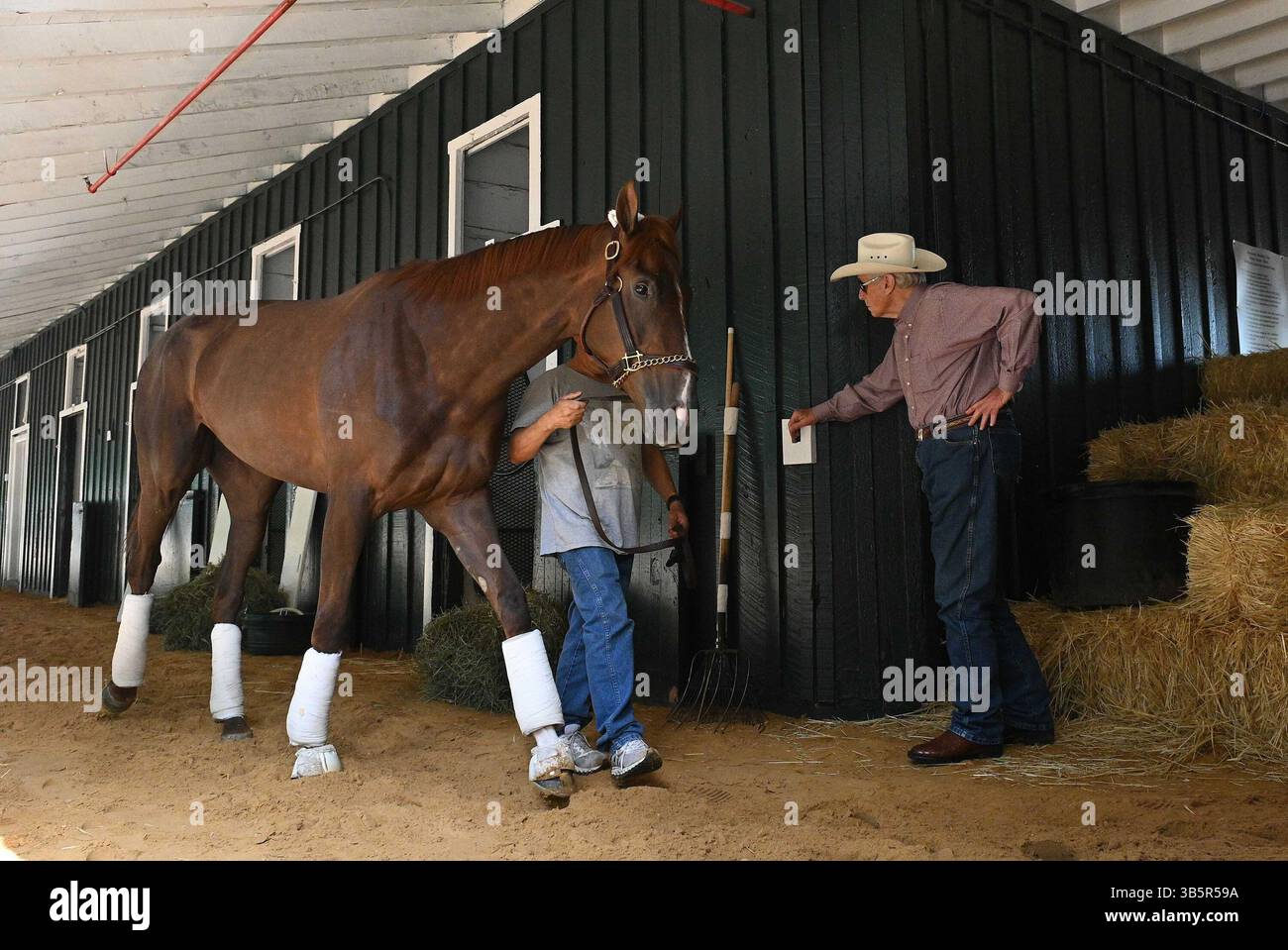18 maggio 2022: L'allenatore D. Wayne Lukas, a destra, cercherà di vincere il suo settimo Preakness con il vincitore del Kentucky Oaks, il pugno segreto, a sinistra, dal posto n. 4 il 21 maggio 2022, al Pimlico Race Course di Baltimora. (Immagine di credito: © Kenneth K. Lam/Baltimore Sun/TNS via ZUMA Press Wire) Foto Stock