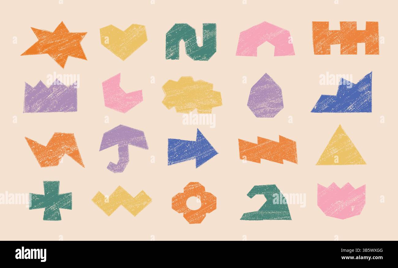 Pastello astratto, figure per scarabocchi disegnate con pennello, forme. Colorare la collezione di elementi vettoriali di onde, corona, tulipani, frecce contemporanee e infantili. Illustrazione Vettoriale