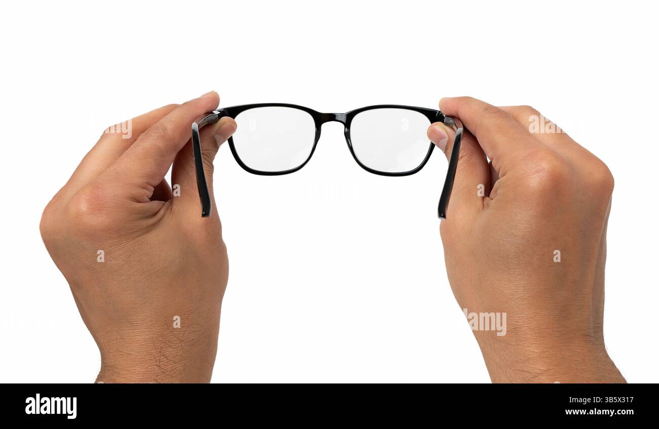 Uomo con occhiali da vista, foto pov in prima persona, sfondo bianco isolato Foto Stock
