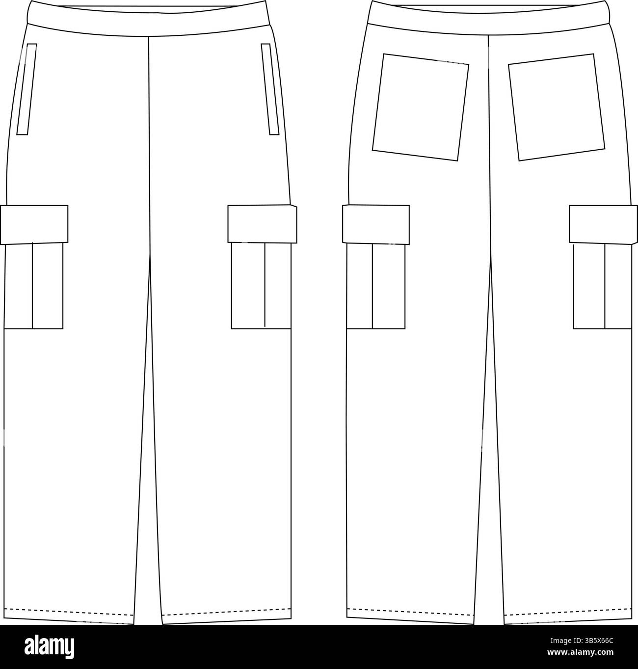 Illustrazione tecnica Moda dei pantaloni cargo | modello di abbigliamento piatto CAD | Vista frontale e posteriore Illustrazione Vettoriale