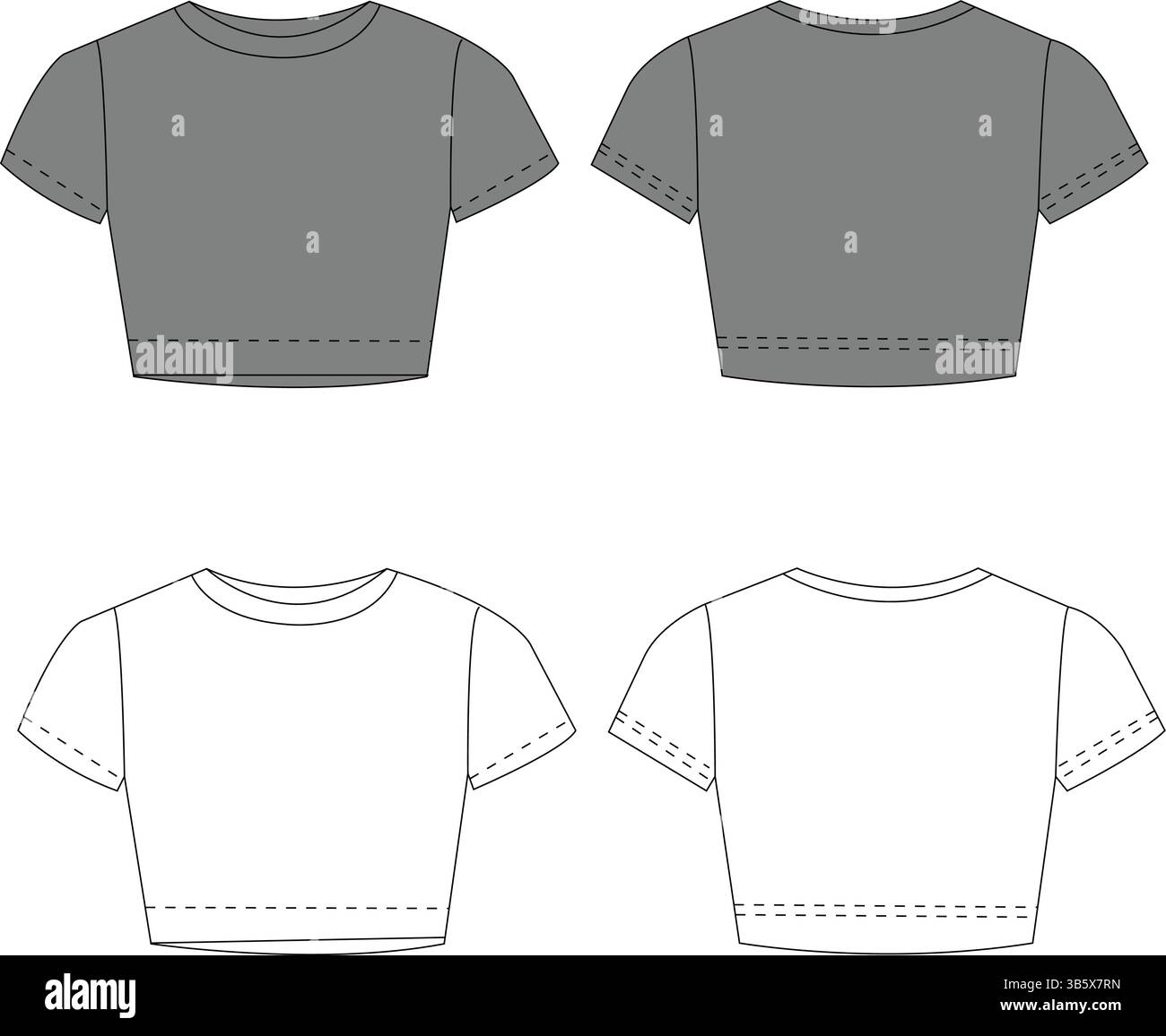 T-shirt corta illustrazione tecnica moda | modello di abbigliamento piatto CAD | Vista frontale e posteriore Illustrazione Vettoriale