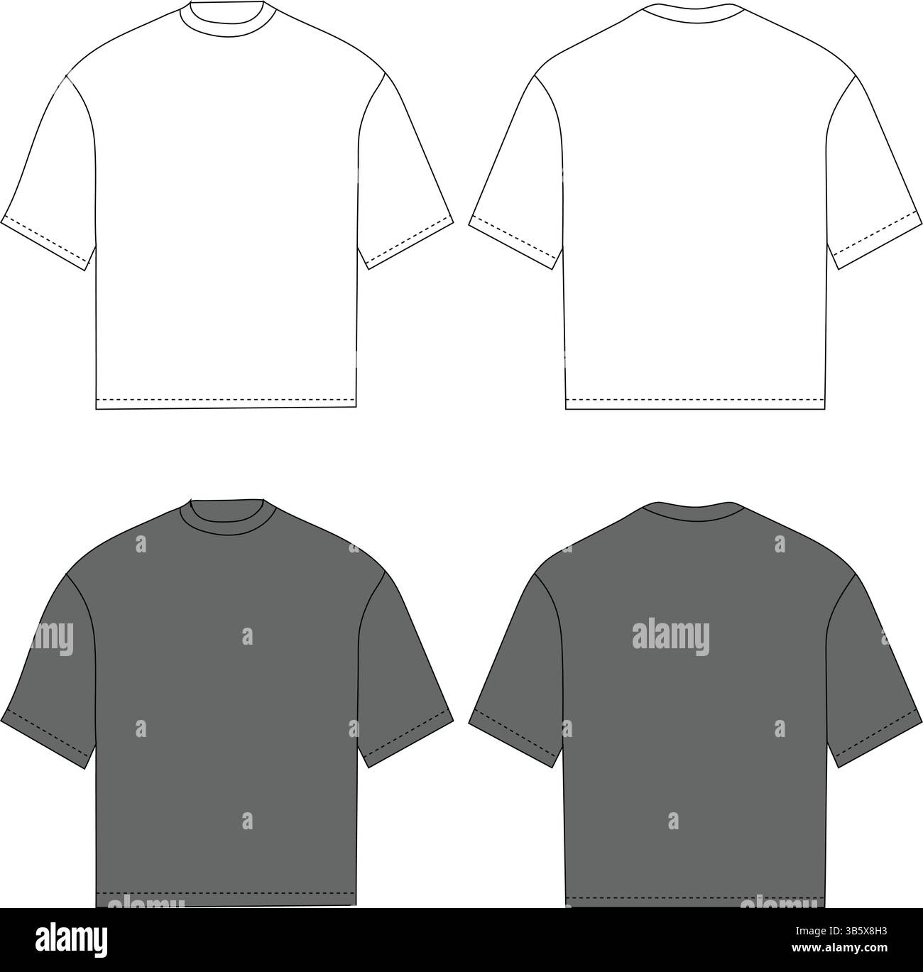 Collezione T-shirt classica - illustrazione tecnica di moda | modello di abbigliamento piatto CAD | Vista frontale e posteriore Illustrazione Vettoriale