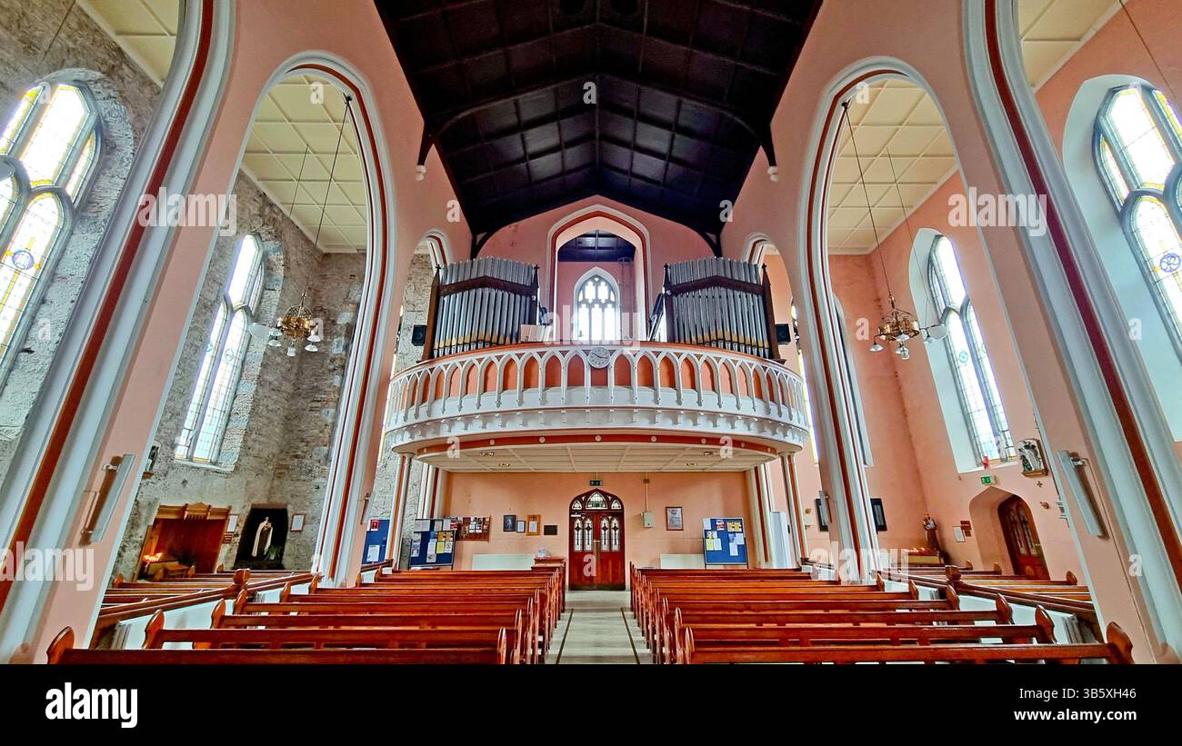 Interno della chiesa cattolica di San Giovanni con organo su graziosa galleria semicircolare, finestre ad arco a punta e soffitto in legno a Waterford, Irlanda Foto Stock