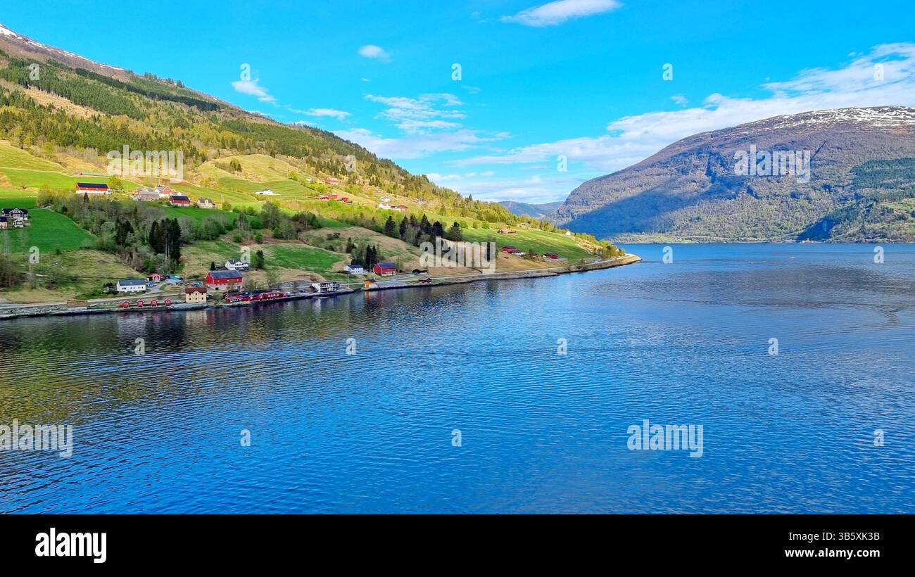 Vista delle pittoresche rive di un fiordo norvegese dal ponte di una nave da crociera Foto Stock