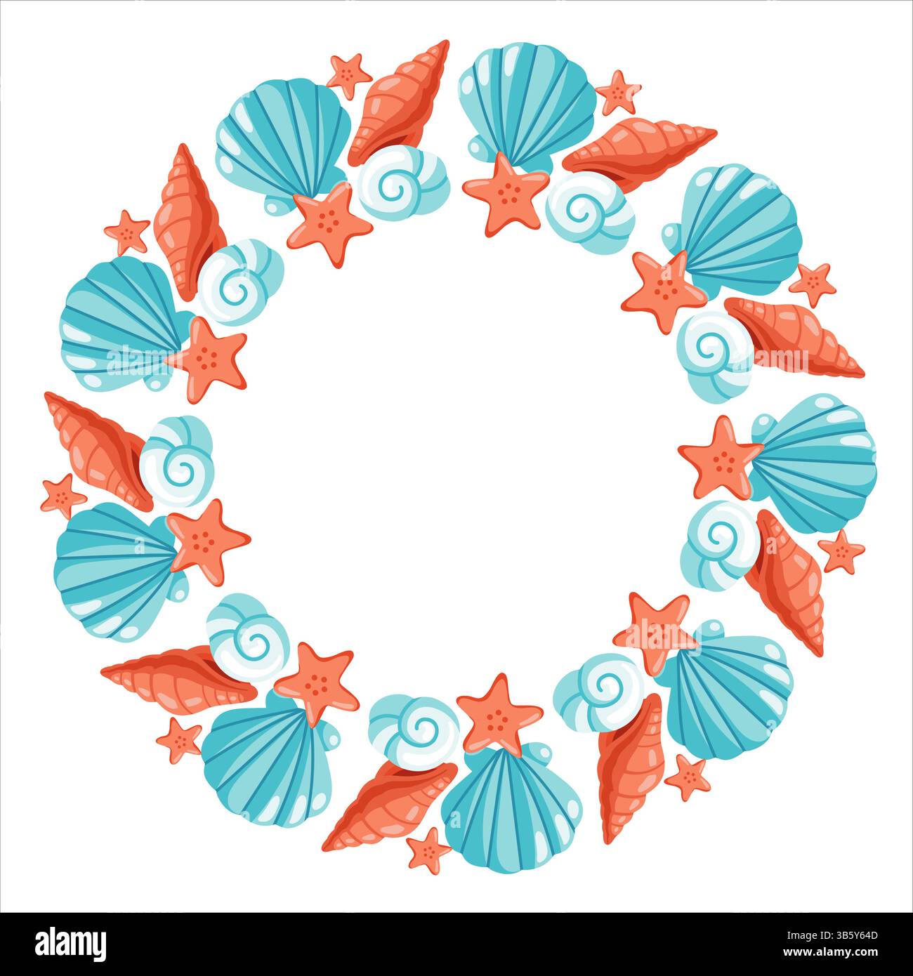 Cornice rotonda con conchiglie blu, conchiglie a spirale rosse e graziose stelle marine. Corona marina estiva. Illustrazione vettoriale cartoni animati Illustrazione Vettoriale