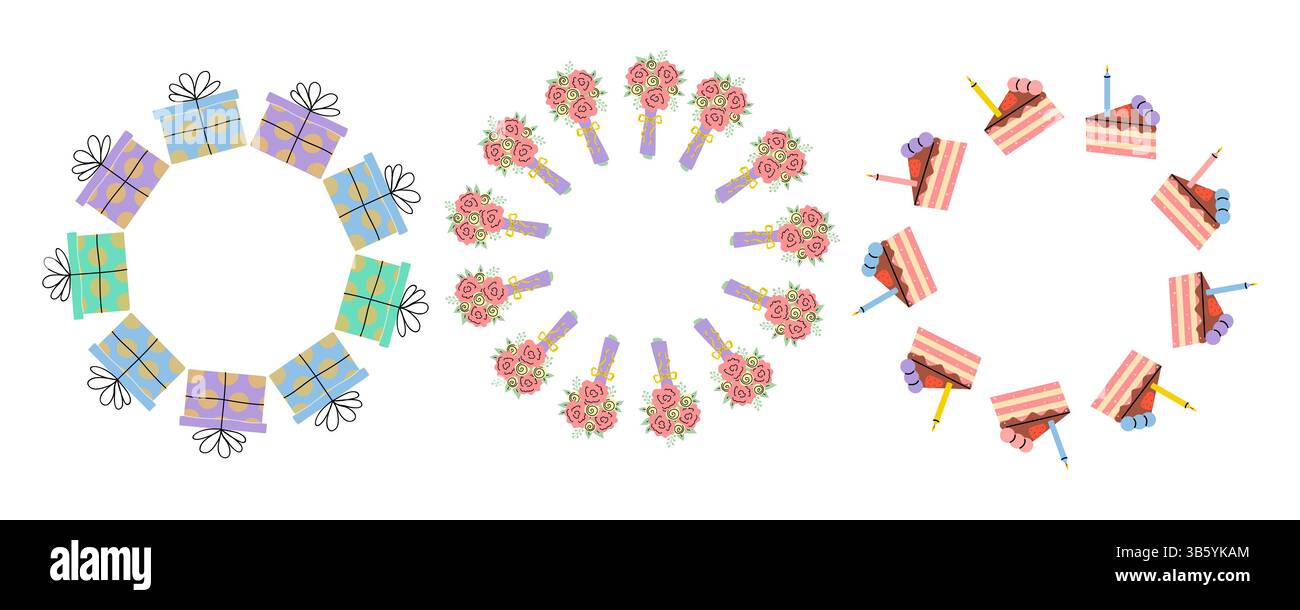 Disposizione circolare di regali, fiori e torte per decorazioni di festa Illustrazione Vettoriale