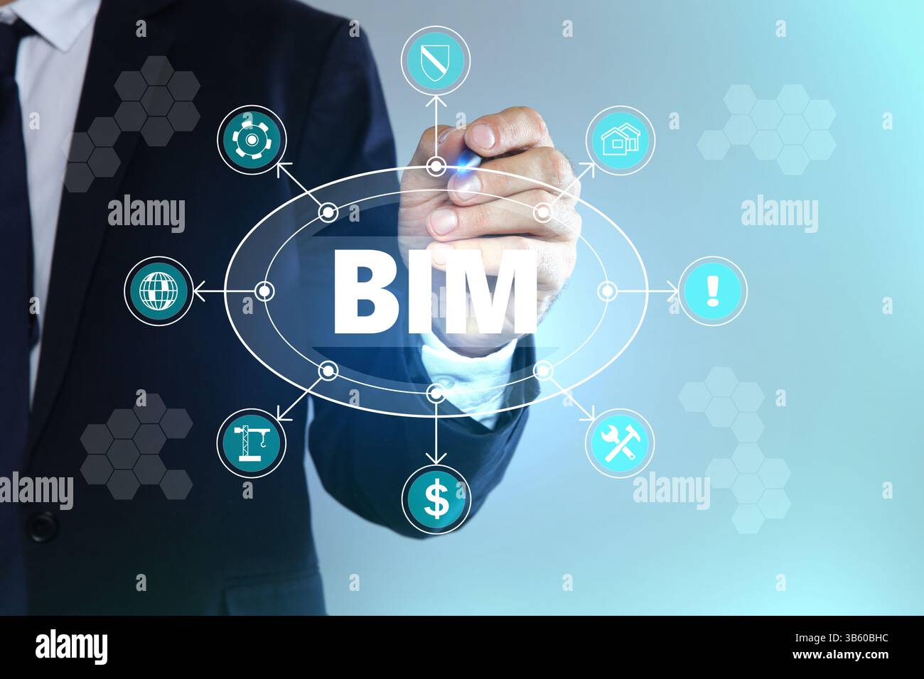 Modellazione delle informazioni di costruzione. Uomo che utilizza lo schermo virtuale con l'abbreviazione BIM e diverse icone, primo piano Foto Stock