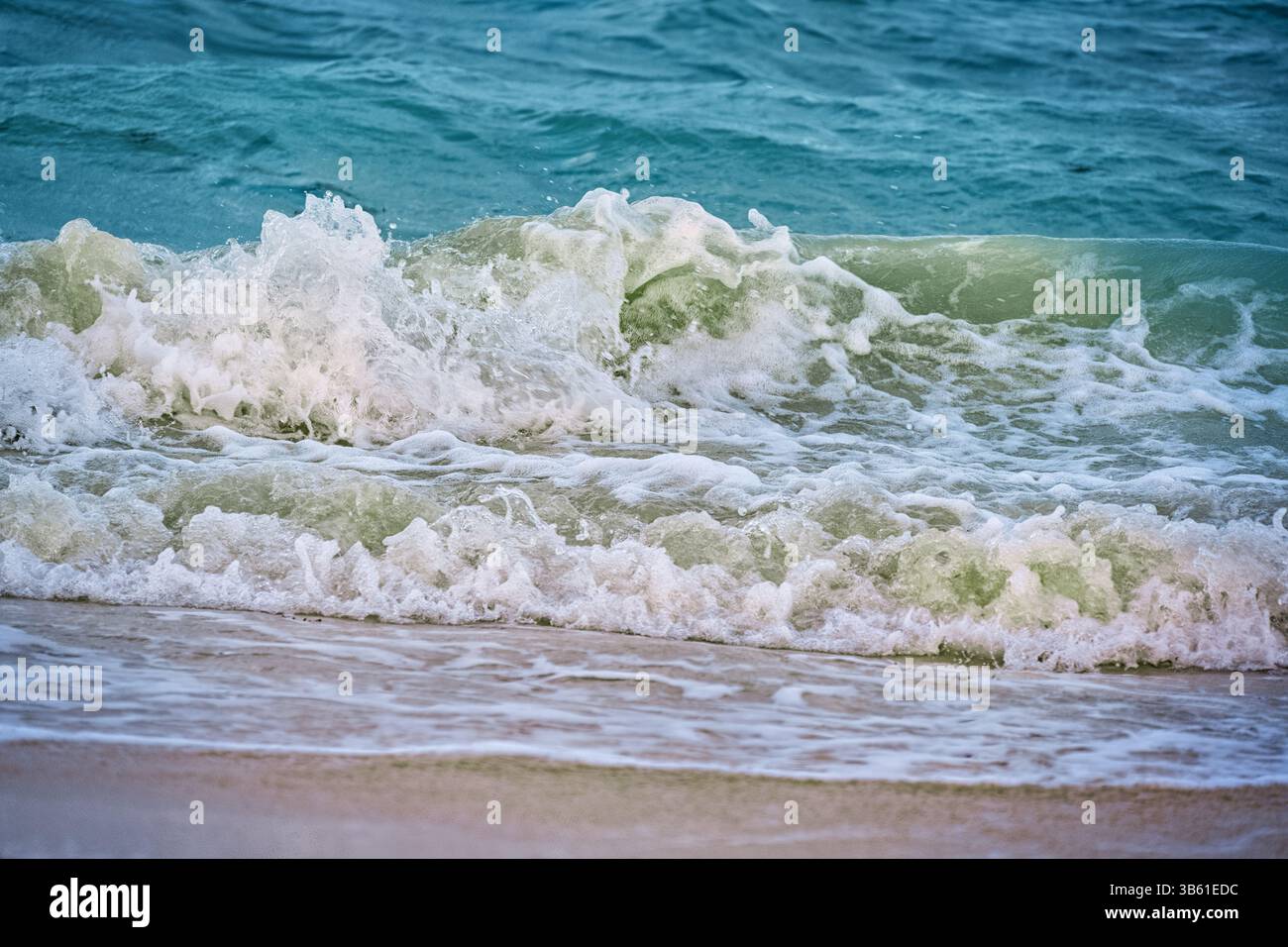 Primo piano di sabbia e surf oceanico a Punta Allen, Messico Foto Stock