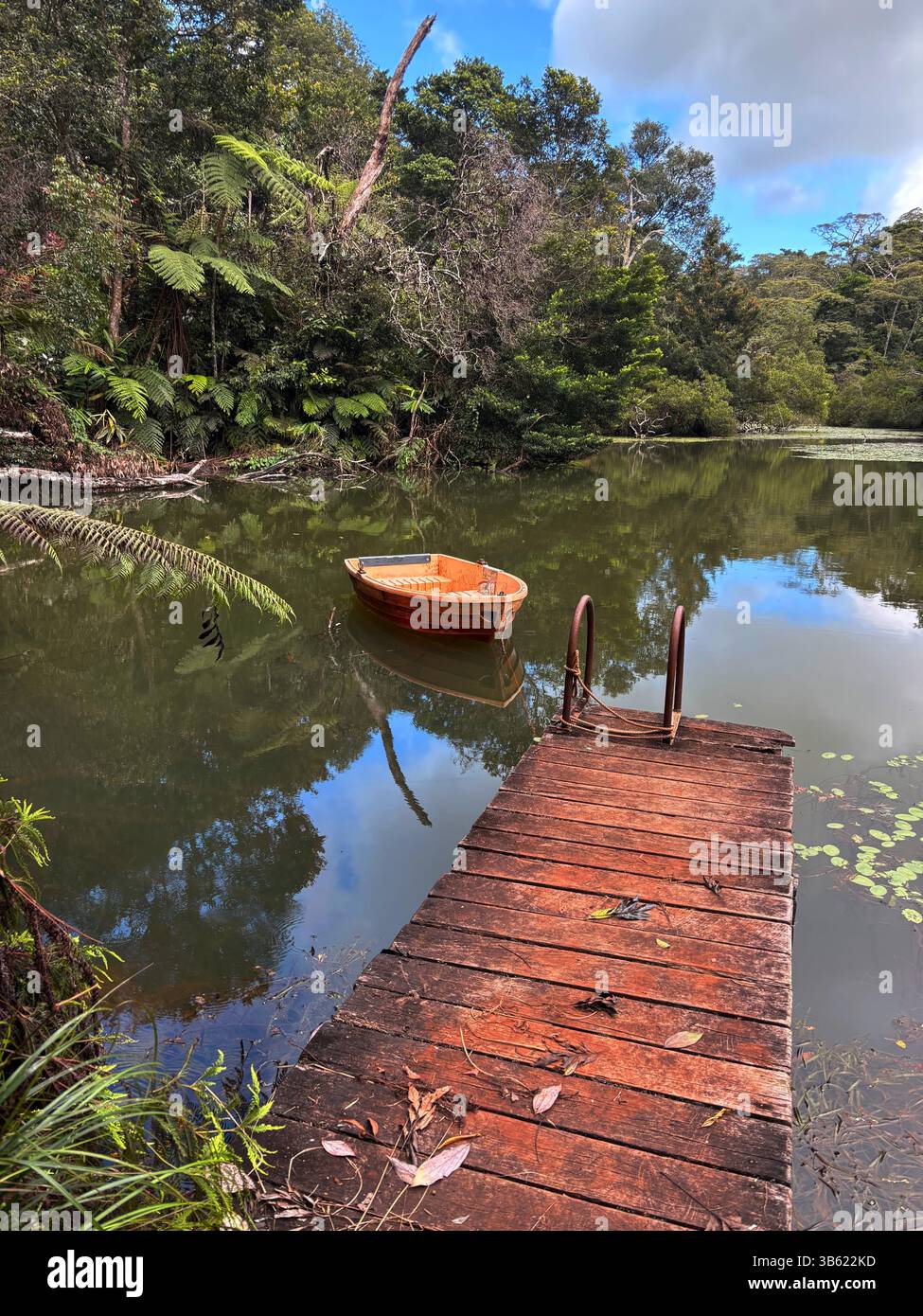 Vecchia barca a remi legata al molo di rickety presso il lago lussureggiante, vicino a Ravenshoe, Atherton Tablelands, Queensland, Australia. Nessuna PR Foto Stock