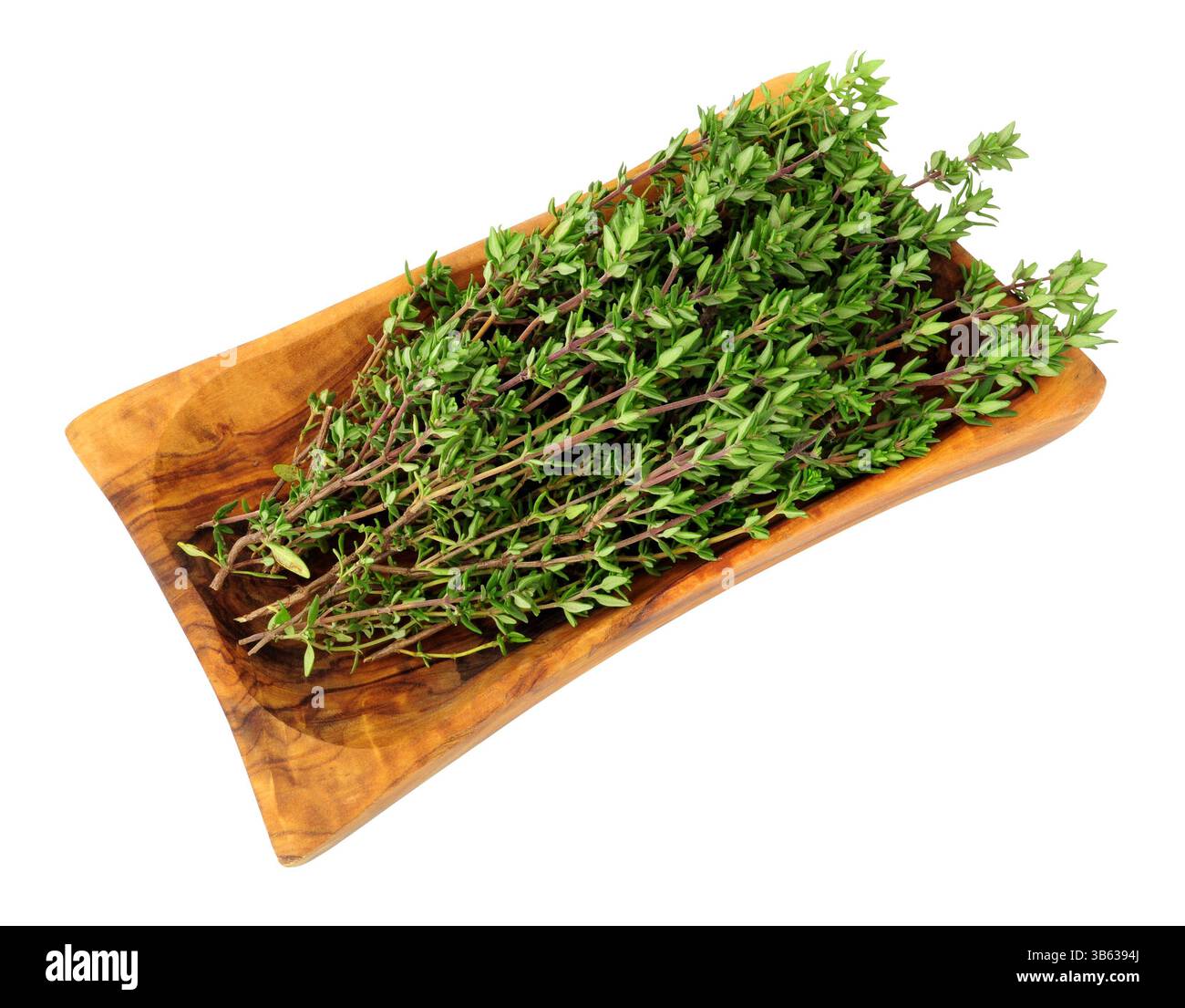 Rametti di timo appena tagliati in un piatto di legno di oliva isolato su sfondo bianco Foto Stock