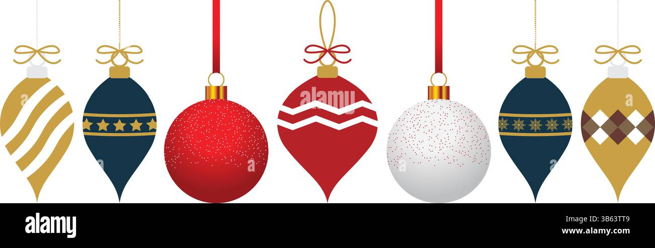 Set di icone per palle di natale o baule appese. Illustrazione ornamento auguri di Capodanno. Illustrazione Vettoriale