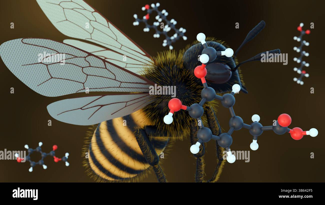 Una rappresentazione 3d dell'ape a nido d'ape in volo accanto a diverse strutture molecolari, Queen Mandibular Pheromone (QMP). Foto Stock