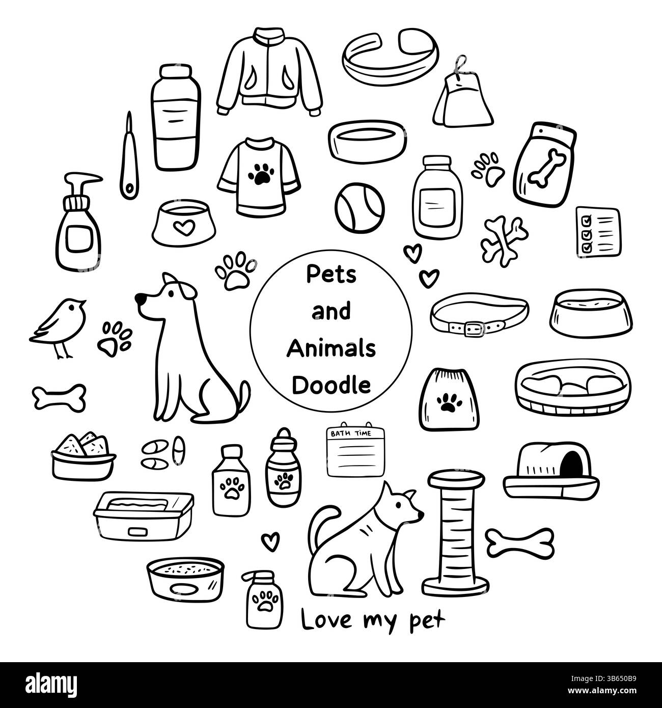 Set di accessori per cani e animali: Ossa, cibo, guinzaglio. Cura degli animali domestici. Illustrazione vettoriale stile schizzo Doodle. Illustrazione Vettoriale