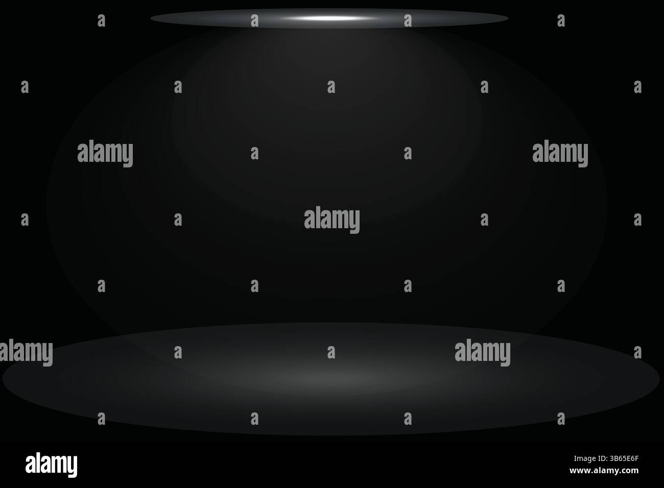 Tavolino nero vuoto con riflettore dall'alto, isolato su sfondo nero, illustrazione 3D. Illustrazione Vettoriale