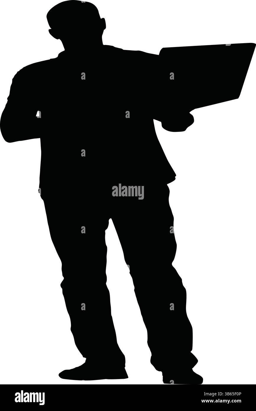 Silhouette di un uomo che tiene un computer portatile - icona aziendale e tecnologica Illustrazione Vettoriale