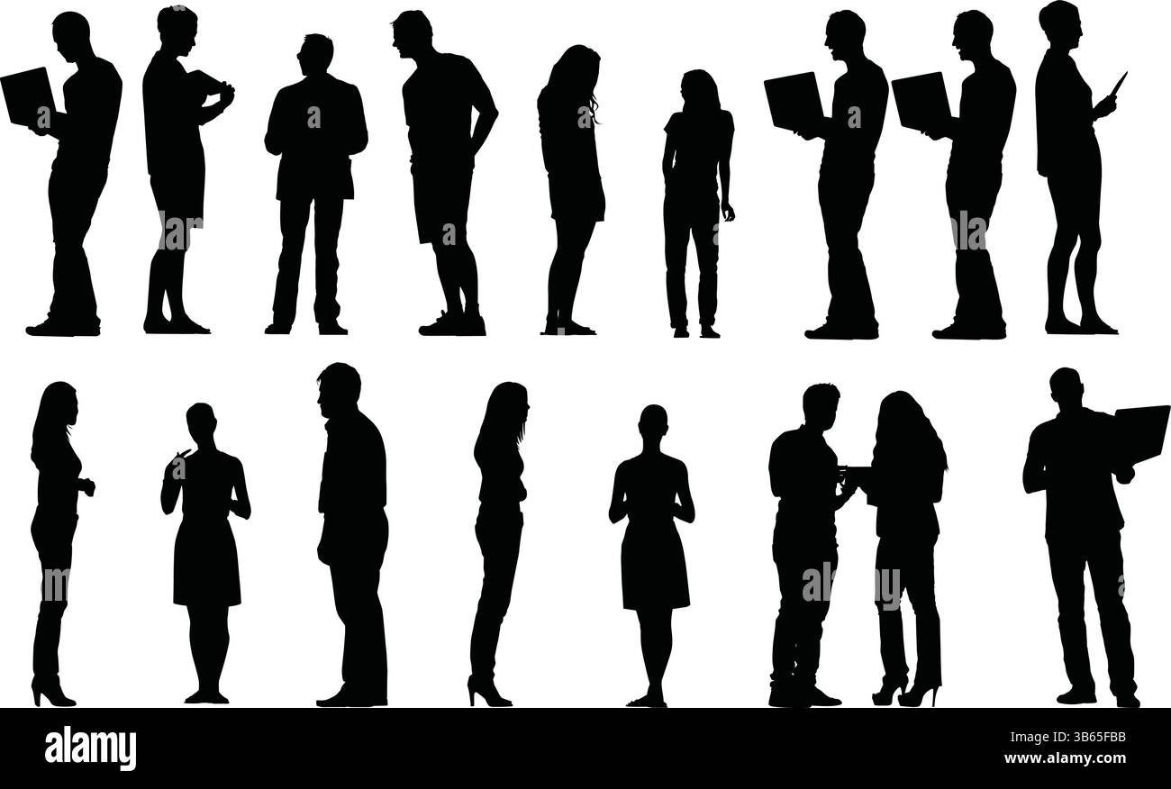 Silhouette di una donna d'affari e di un uomo d'affari con valigetta e documento, laptop Illustrazione Vettoriale