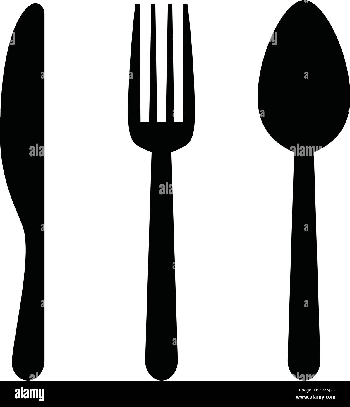 Set di icone posate in bianco e nero: Coltello, forchetta e cucchiaio Illustrazione Vettoriale