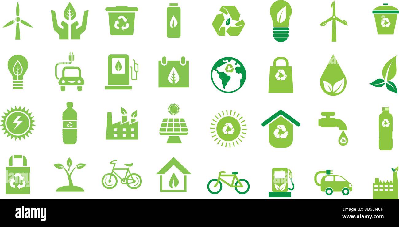 Icone ecologiche ed ecocompatibili impostate per la consapevolezza ambientale Illustrazione Vettoriale