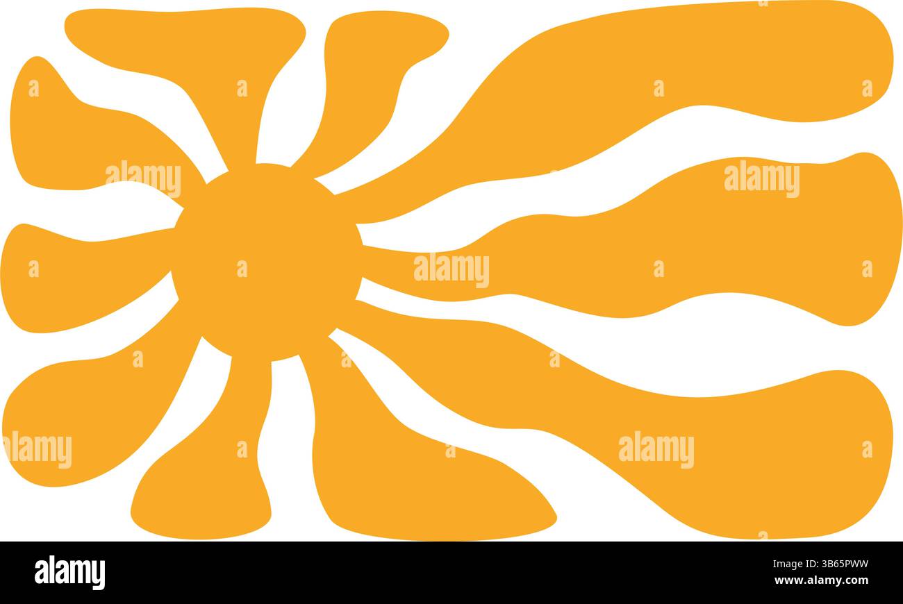 Raggi del sole giallo sfondo psichedelico. Raggi ondulati in stile gotico. Poster abstract Sun burst. Consistenza psichedelica. design anni '70, '80. Linee d'onda radiali Illustrazione Vettoriale