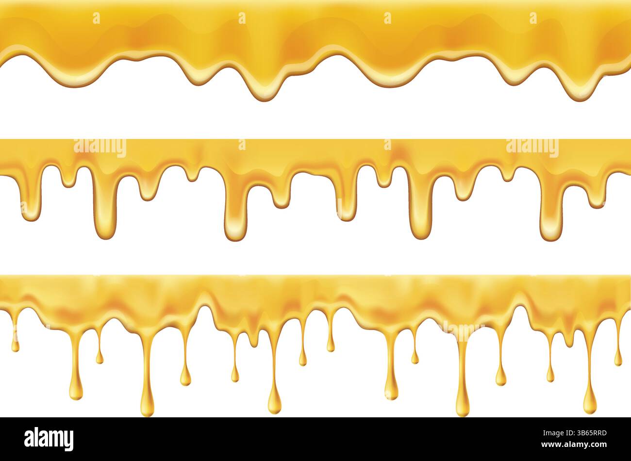 Set di bordi gocciolanti di miele giallo, deliziose gocce di sciroppo, illustrazione del vettore liquido dolce e adesivo isolato su sfondo bianco, cibo e bevande Illustrazione Vettoriale