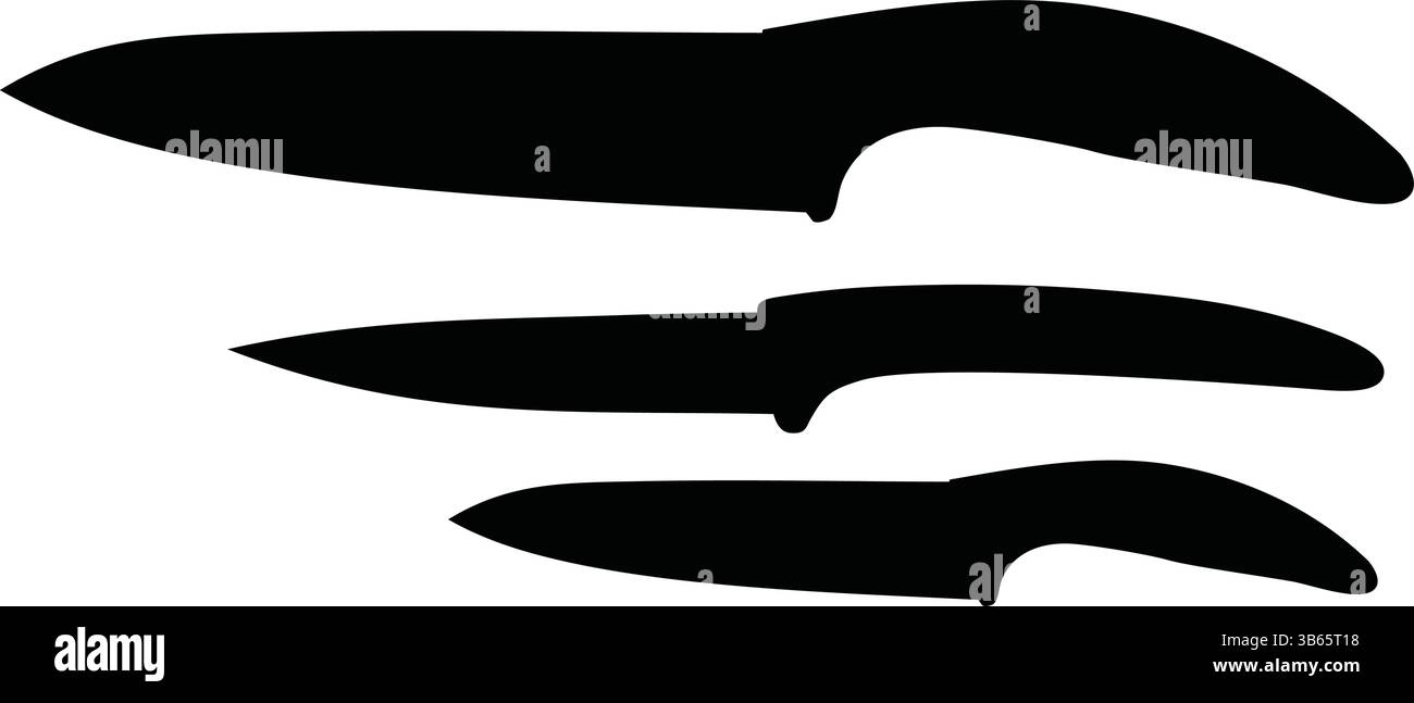 Silhouette nera di tre coltelli da cucina - coltello da cuoco, coltello multiuso, icona coltello da cucina Illustrazione Vettoriale